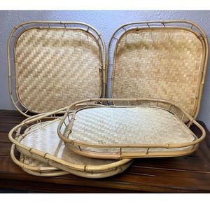 Rattan Bamboo Square Basket Tv Tray Wicker Wall Grouping 13x13 Tiki Vintage